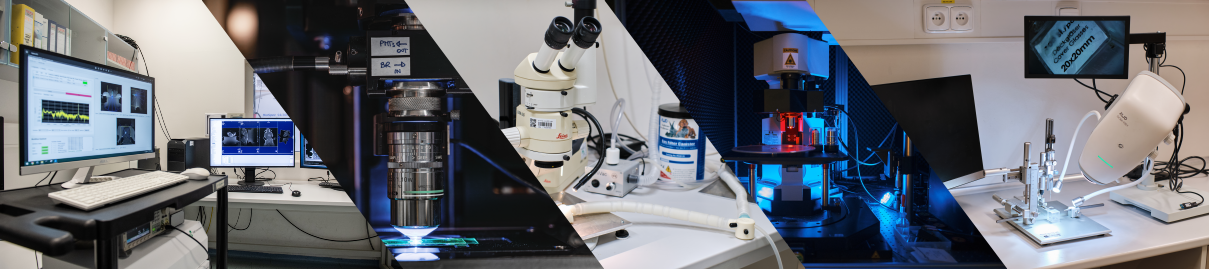 photo montage of six photos related to preclinical imaging showing microscopes and related equipment